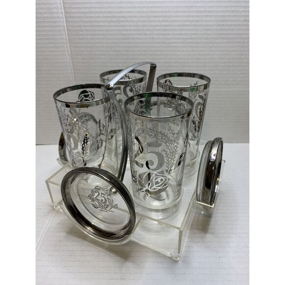 Set Of 4 Royal Lusterware 25th‎ Anniversary Glasses W/holder Caddy & Coasters